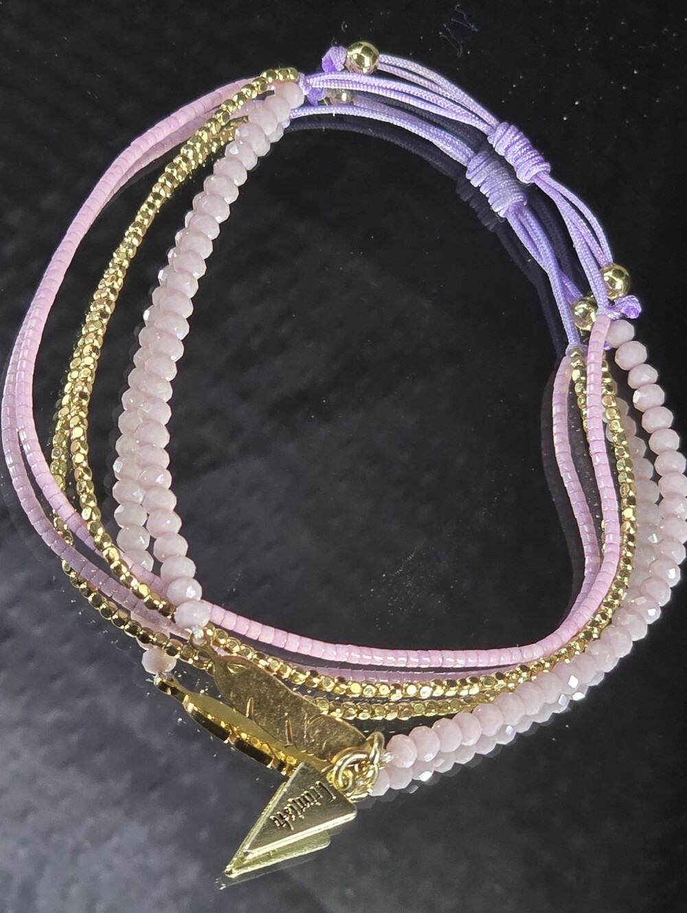 Erimish Triple Strand Layered Light Purple and Gold Bracelet, Feather Accents
